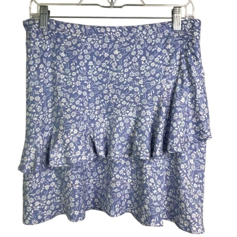 Japna Mini Skirt‎ Wmns Size L Baby Blue White Ruffled Floral Rayon Boho Summer